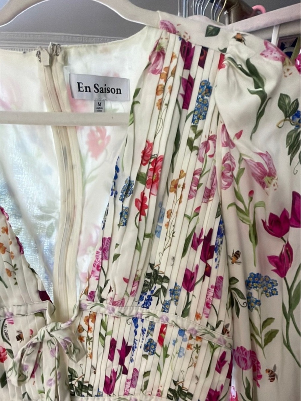 En Saison Cream Floral Pleated Dress with Pink, Blue and Green Accents